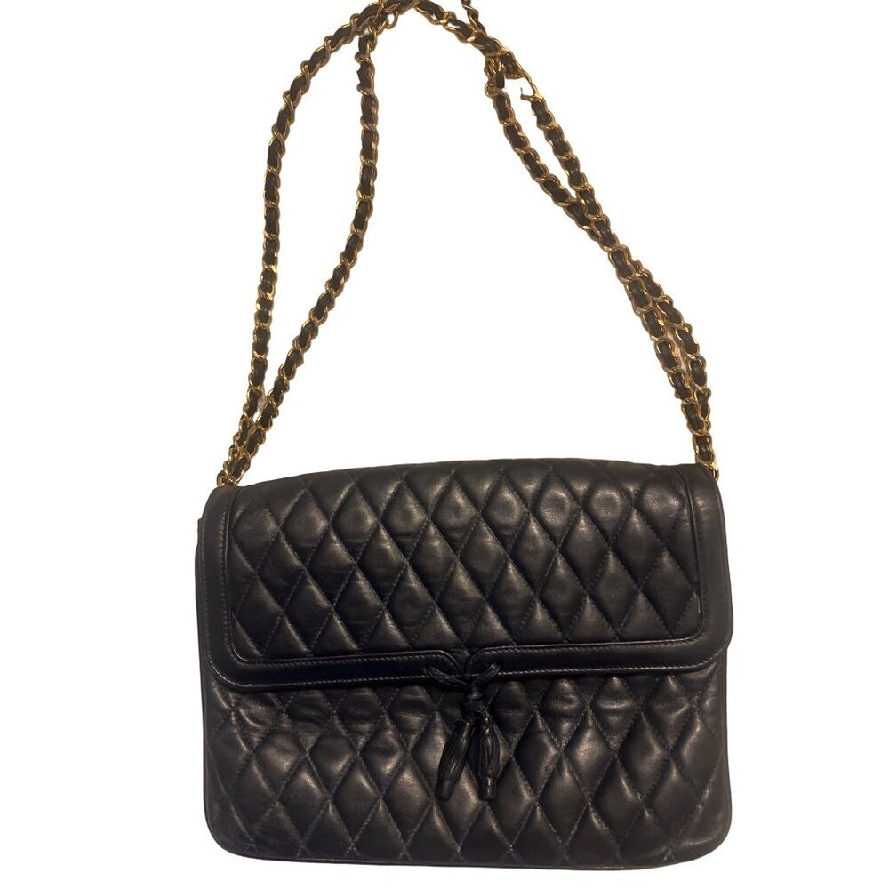 Vintage Lederer Navy Blue Quilted Leather Handbag Quilted Chain Made In Italy